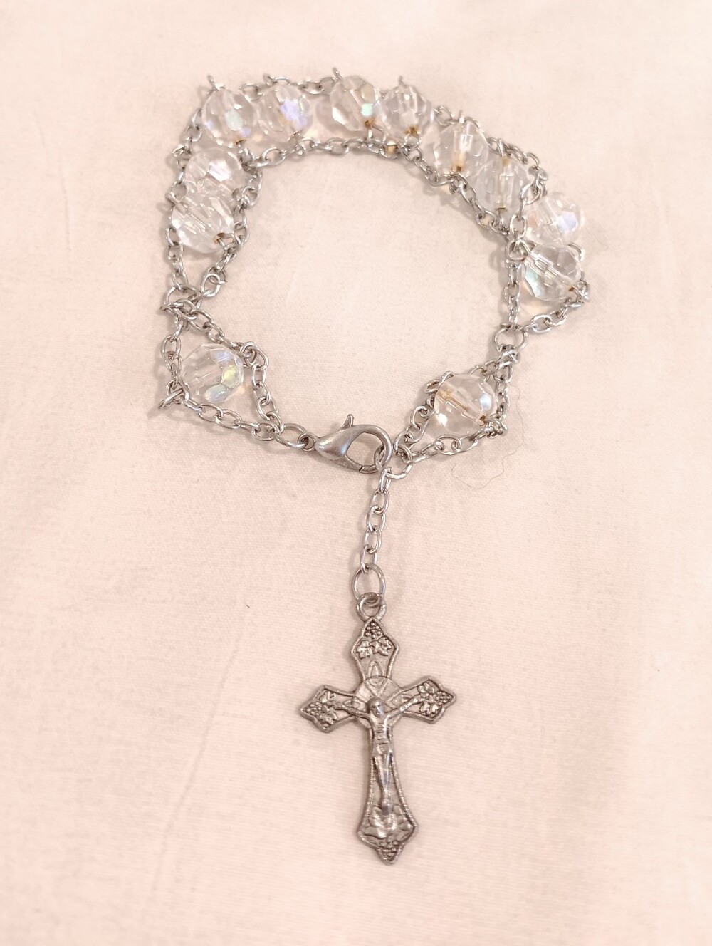 Silver Rosary 7.5" Bracelet with Clear Crystal Beads